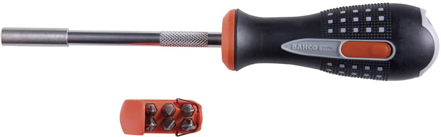 Cacciavite con punte intercambiabili, impugnatura nero-arancione, design antiscivolo, punte aggiuntive in apposito supporto.