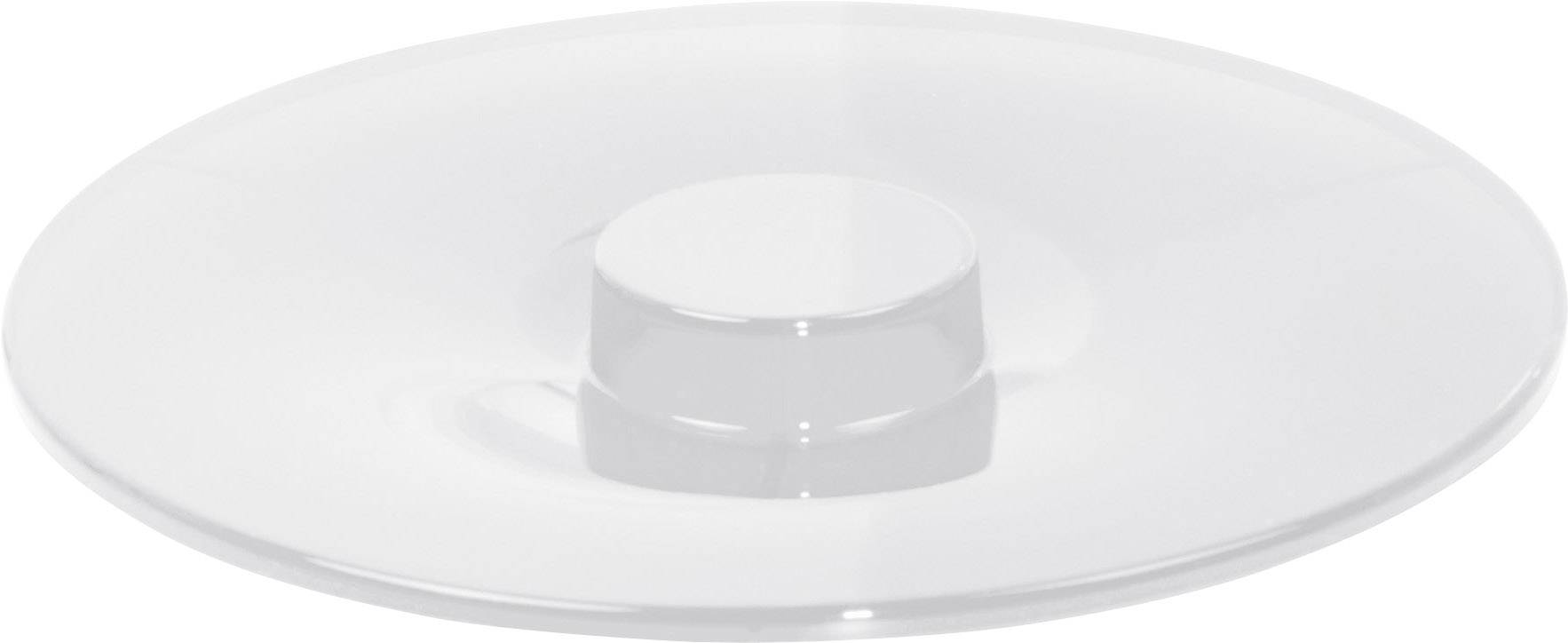 Coperchio rotondo bianco in plastica con un manico piatto al centro, poggiante su una superficie trasparente.