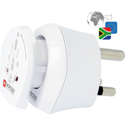 Adattatore per prese elettriche internazionali, compatibile con i sistemi di spina sudafricani ed europei, con simbolo di utilizzo globale.