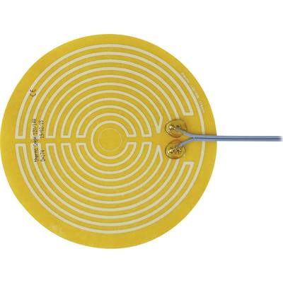 Un cerchio riscaldante rotondo di Kapton di colore giallo con struttura a spirale e due fili blu collegati, utilizzato per la generazione di calore.