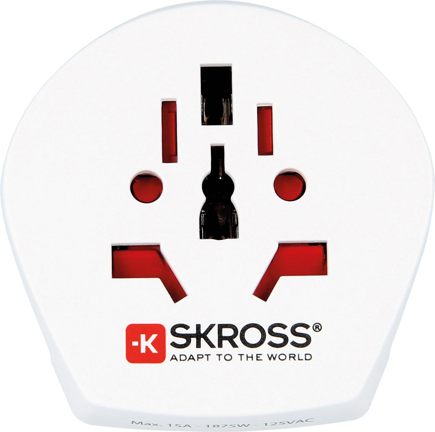 Un adattatore universale da viaggio in bianco con il marchio 'Skross', adatto per diversi tipi di prese elettriche in tutto il mondo.