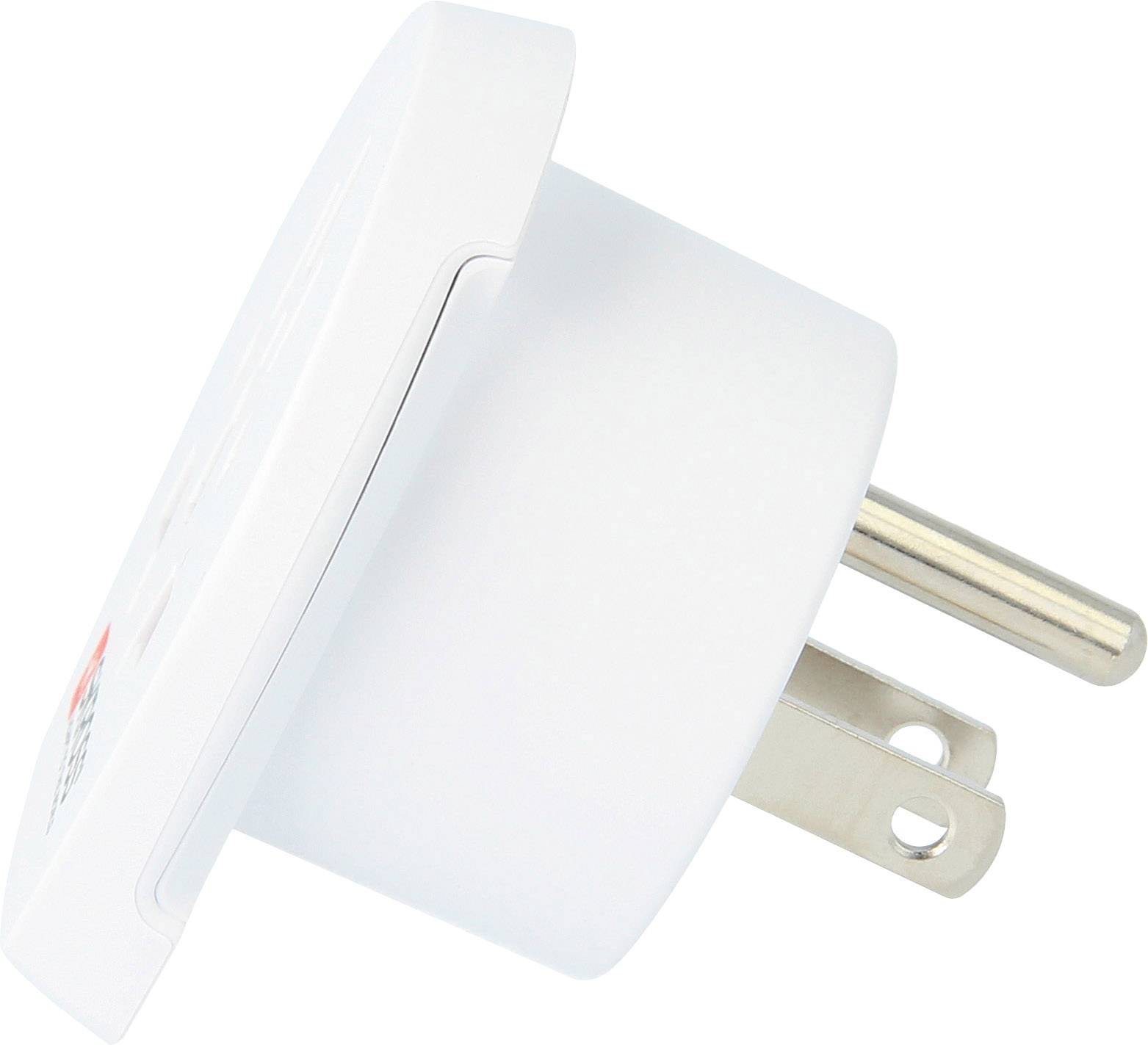Un adattatore bianco, rotondo con due spinotti metallici, fotografato di lato. Ideale per connessioni in dispositivi elettrici.