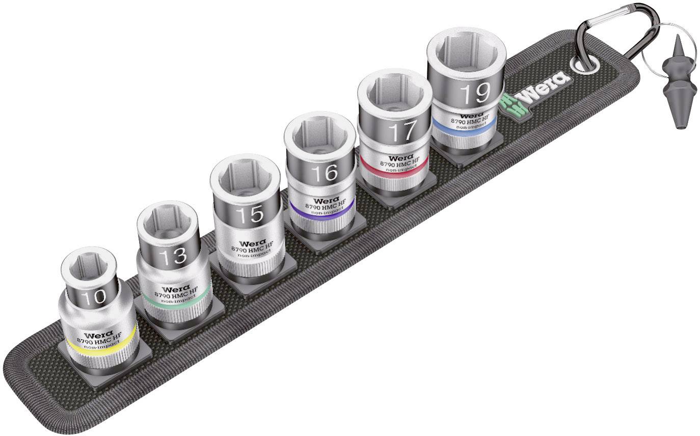 Set di bussole 'Wera' Zyklop con sei misure da 10 a 19 mm su un supporto magnetico. Ogni bussola è codificata a colori.