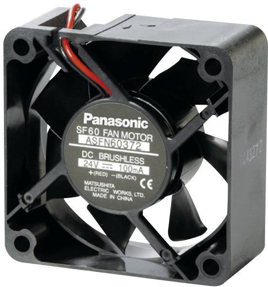Un ventilatore nero quadrato con la scritta 'Motore ventilatore Panasonic SF60'. Potenza di ingresso: 24V, 100mA.