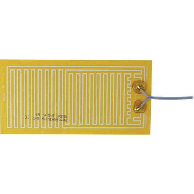 Un pad riscaldante elettrico rettangolare giallo con fili riscaldanti bianchi e due cavi di connessione blu, progettato per scopi di riscaldamento.