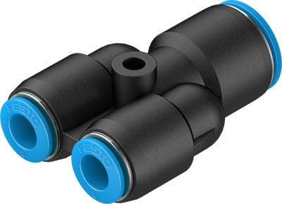 Connettore pneumatico in plastica a forma di T con due attacchi blu.