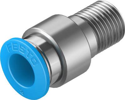 Connettore metallico con guarnizione blu e marcatura 'FESTO', idoneo per sistemi pneumatici.