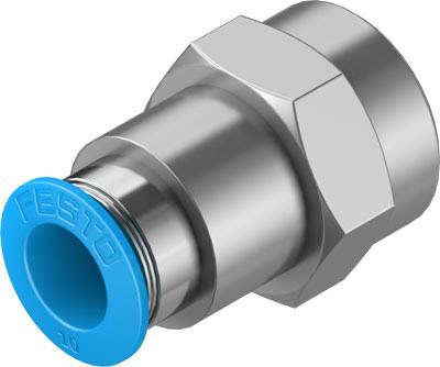 Elemento di connessione metallico con testa esagonale e cappuccio blu. Scritta sul cappuccio blu: 'Festo'.