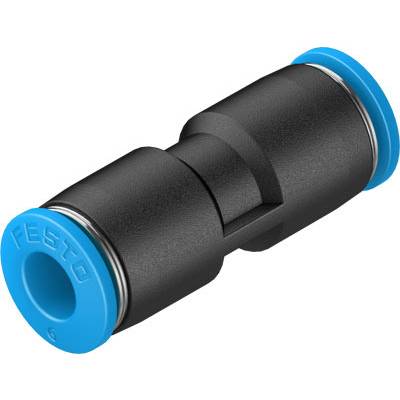 Pezzo di raccordo nero Festo con tappi terminali blu, utilizzato per collegare tubi in sistemi pneumatici.