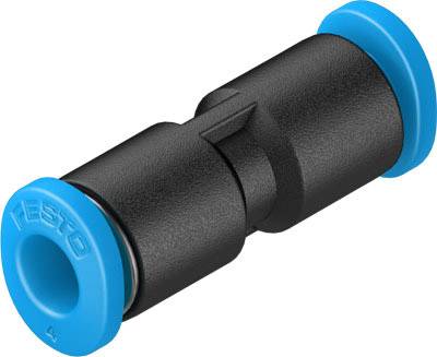 Connettore pneumatico nero con tappi terminali blu. Raccordo per tubi in sistemi ad aria compressa, generalmente realizzato in plastica.