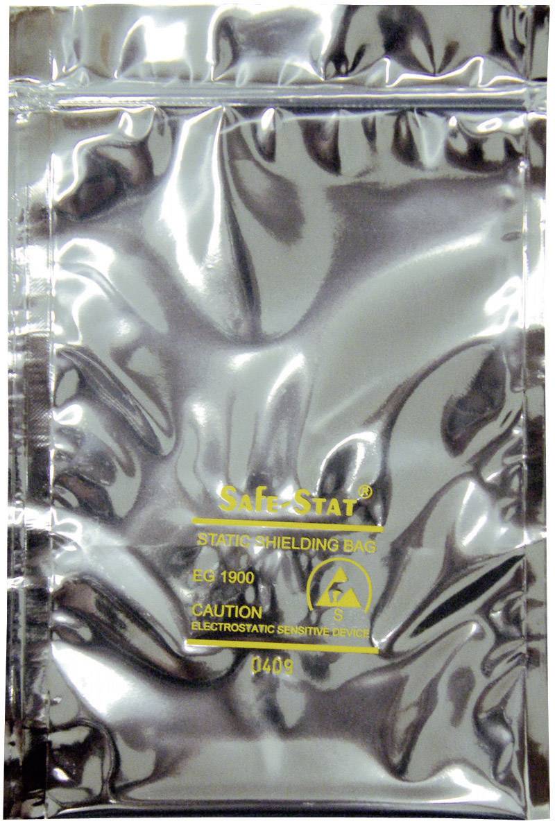 Una busta protettiva antistatica d'argento con la scritta 'SAFE-STAT STATIC SHIELDING BAG' e avvertenze per dispositivi sensibili all'elettricità statica.