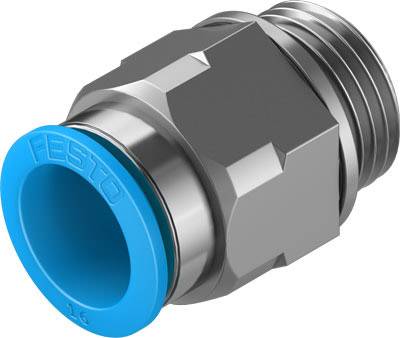 Pezzo di giunzione metallico con forma esagonale, sezione di inserimento blu e filettatura per sistemi di aria compressa Festo.