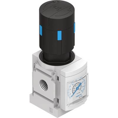 Un regolatore di pressione nero con accento blu e involucro bianco, dotato di manometro. Idoneo per il controllo della pressione.