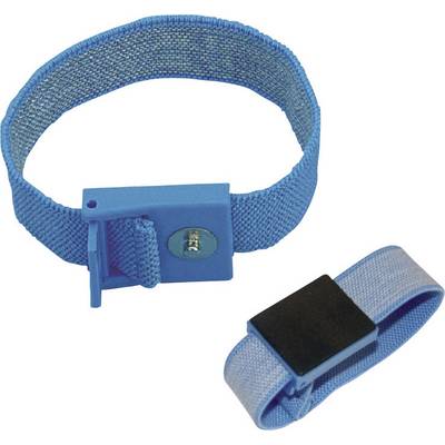 Due braccialetti antistatici blu in tessuto. Uno aperto e uno chiuso. Prevengono le scariche elettrostatiche.