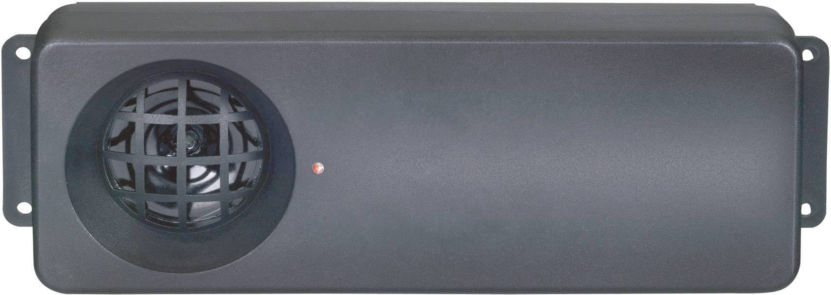 Un altoparlante nero con una griglia nera sul lato sinistro e un piccolo indicatore LED rosso accanto.