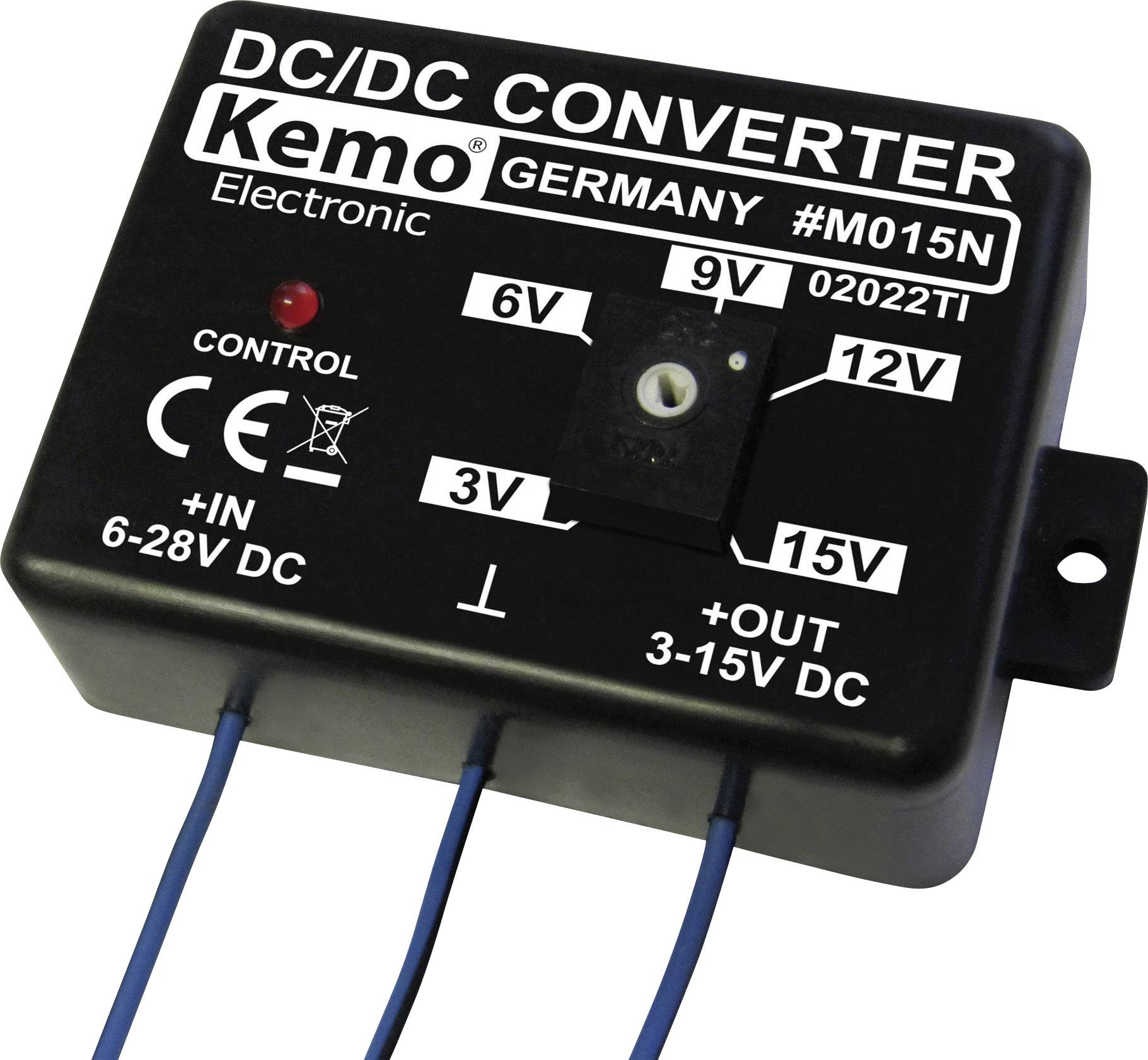 Convertitore DC/DC con numero di modello M015N, mostra commutatore di tensione per intervallo di ingresso 6-28V DC, 3V, 6V, 9V, 12V, 15V, con uscita 3-15V DC.