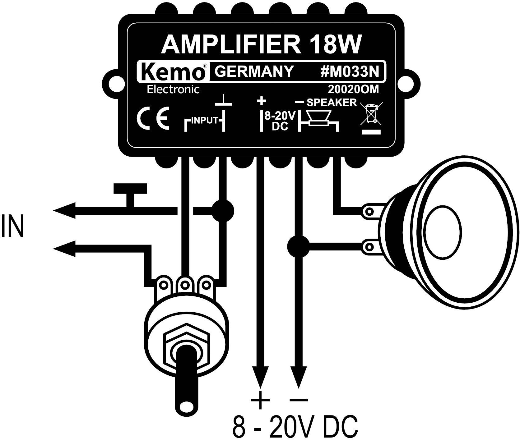 'Schema elettrico di un amplificatore Kemo da 18W. A sinistra l'ingresso, al centro l'alimentazione (8-20V DC), a destra l'altoparlante.'