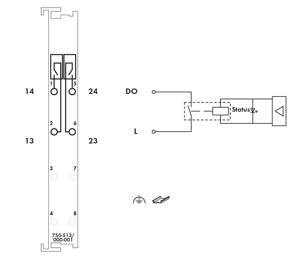 Disegno tecnico di un modulo elettrico con 14 e 24 connettori, contrassegnato DO e L, che mostra dettagli di cablaggio e stato.