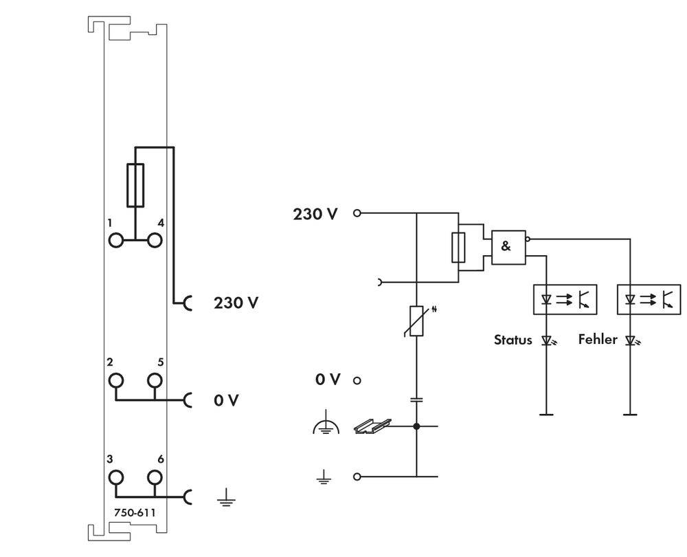 Schema elettrico per un sistema a 230 V, che mostra un interruttore e due spie di controllo per indicatori di 'Stato' e 'Errore'.