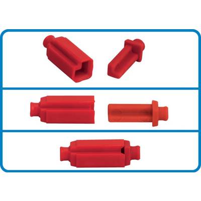 Spine di plastica rosse in diverse forme e dimensioni, presentate su uno sfondo bianco.