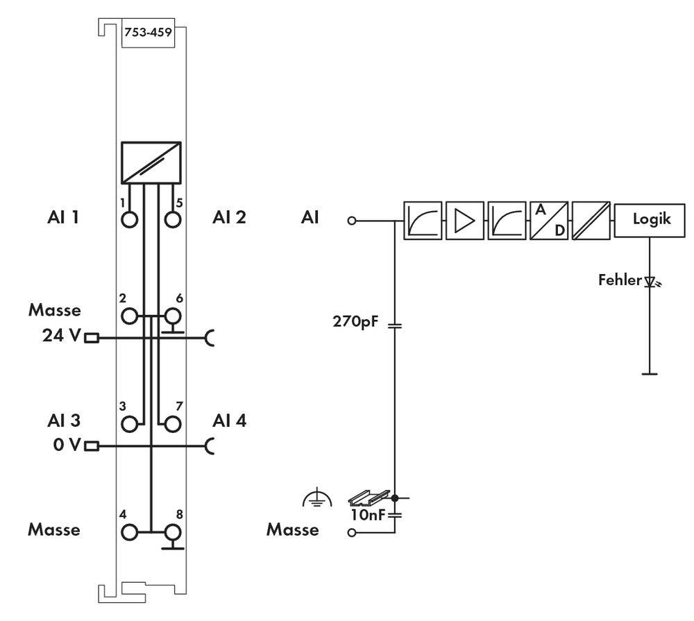 'Diagramma di un circuito elettronico con morsetti di connessione, condensatori (270pF, 10nF) e circuito logico, con punto di guasto identificato.'