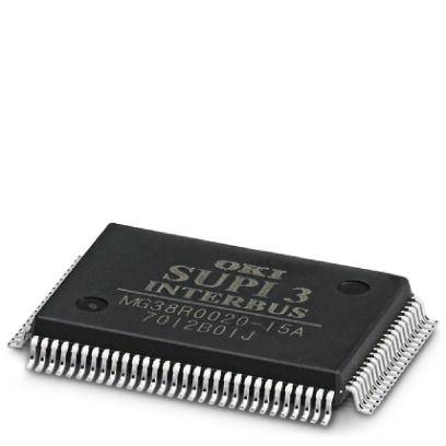 Un microchip nero con la scritta 'OKI SUPI 3 INTERBUS M638R0020J15A'. Il chip ha molti piedini sui lati.