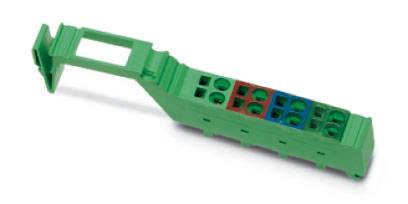 Spina isolante modulare verde con parti in plastica rosse e blu, utilizzata per connettere o disconnettere in modo sicuro circuiti elettrici.