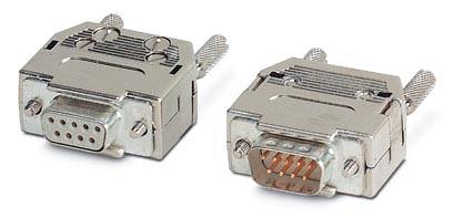 Due connettori D-Sub in argento, uno con connettore maschio e uno con connettore femmina, entrambi con viti di fissaggio.