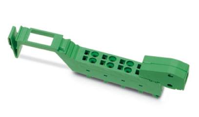 Componente meccanico verde con diversi fori e una struttura pieghevole, probabilmente parte di un collegamento elettrico.