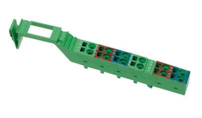 Supporto di sicurezza verde con più alloggiamenti colorati per l'utilizzo in dispositivi elettrici o quadri elettrici.