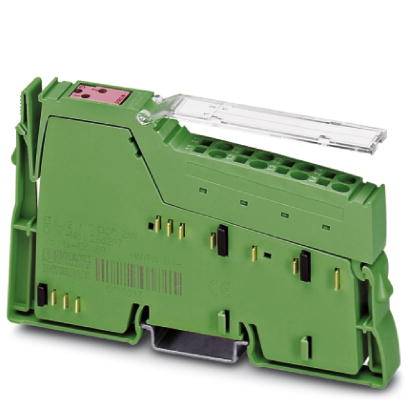 Dispositivo elettronico verde con più connettori e una leva trasparente, probabilmente un modulo per applicazioni industriali.