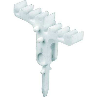 Un tassello di plastica bianco con diversi ganci e una punta affilata, adatto per fissare tubi o cavi alle pareti.