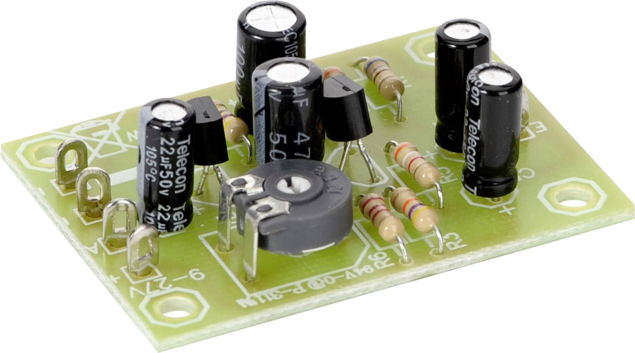 Circuito elettronico con diversi resistori, condensatori e un potenziometro su una scheda a circuito stampato verde.