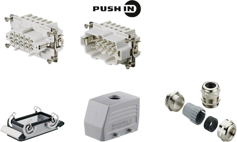 Connettori con tecnologia push-in, compresi piastra di montaggio, alloggiamento e pressacavi.