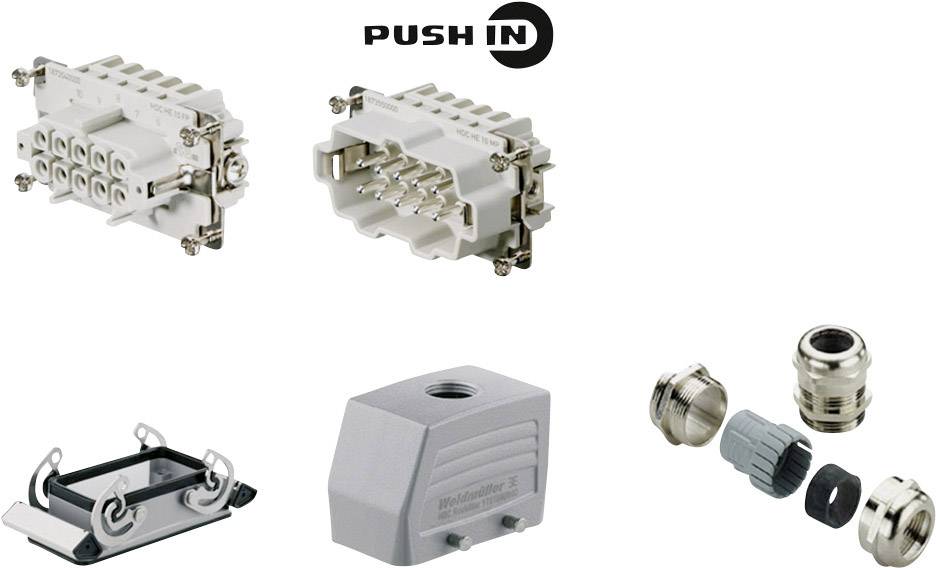 Sistema di connessione con diversi componenti, inclusi involucro, connettore e accessori di montaggio, con testo 'PUSH IN' in alto.