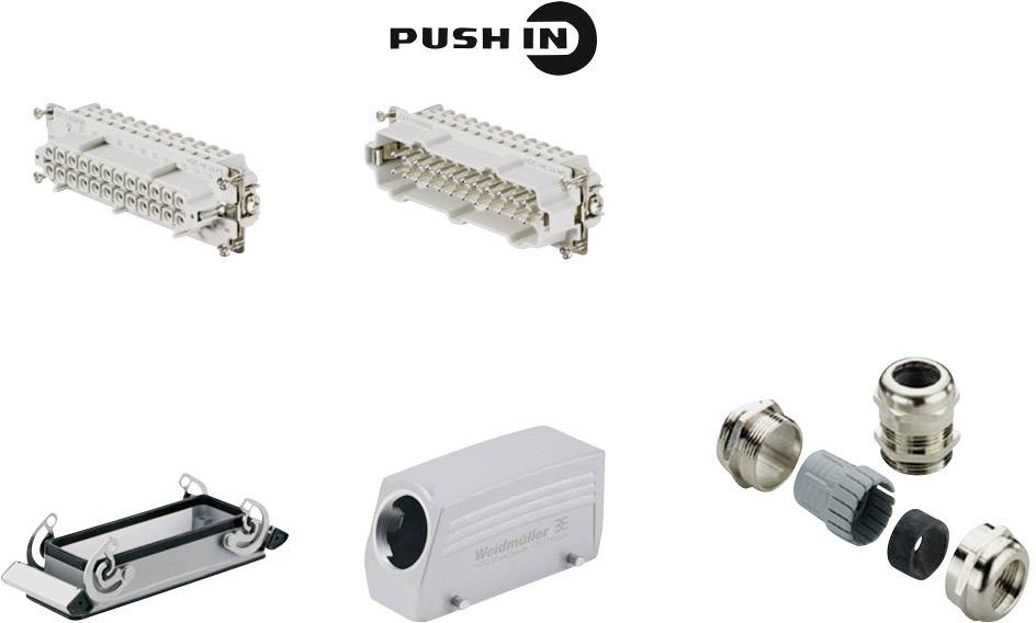 Vari componenti di connettori e un involucro con la scritta 'Push In', compresi passacavi e connettori.