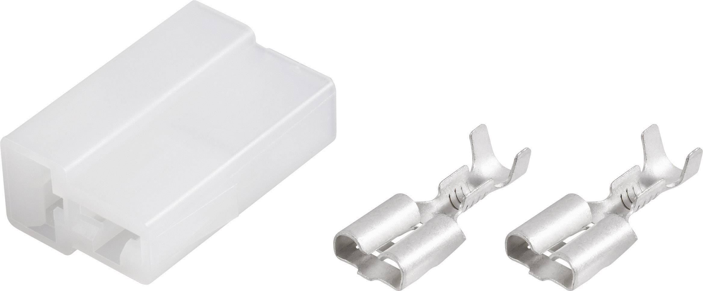 Un connettore bianco in plastica con due terminali metallici accanto, probabilmente parte di un set di connessioni elettriche.