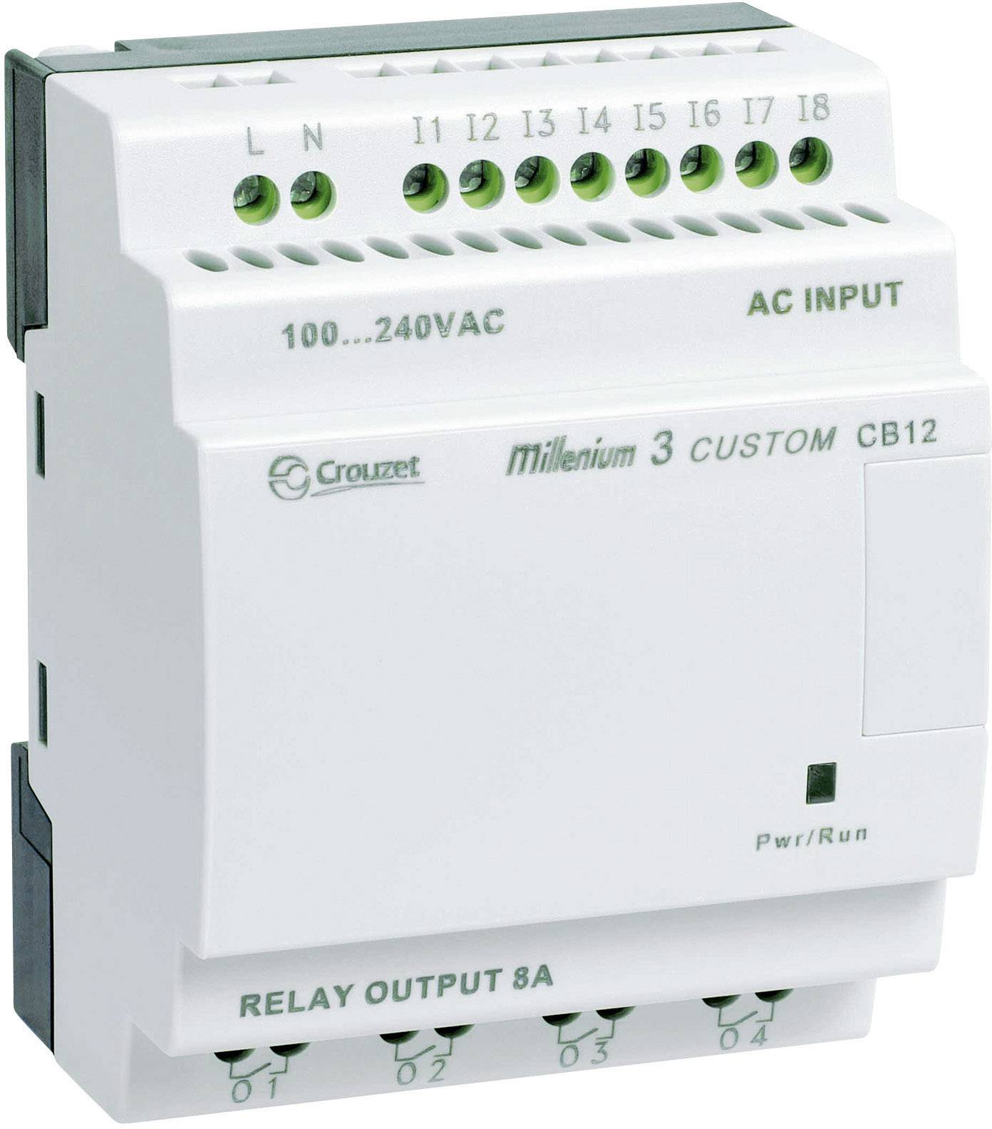 Un modulo di controllo elettrico con l'iscrizione 'Millenium 3 Custom CB12', mostra connessioni per ingresso AC e uscita relè.