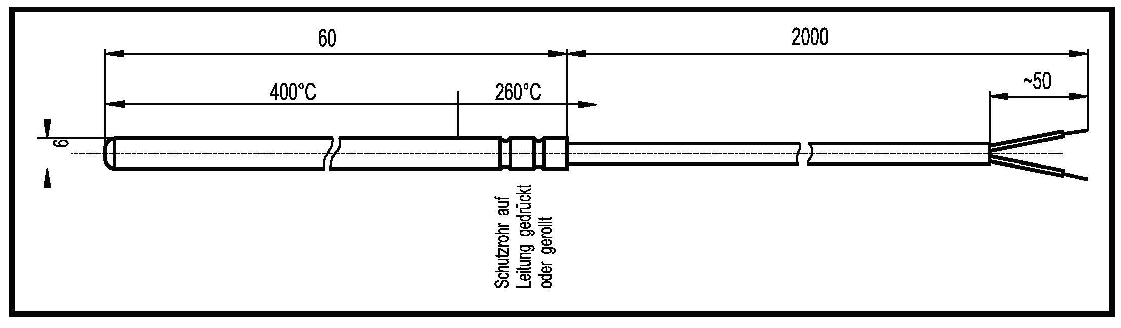Disegno tecnico di un sensore di temperatura: lunghezza totale 2060 mm, segmenti contrassegnati a 60 mm e 2000 mm. Temperature: 400°C, 260°C.