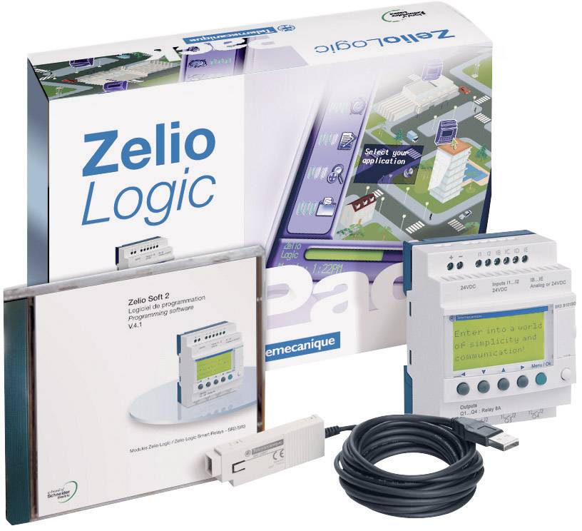 Confezione 'Zelio Logic' con modulo logico, CD software, cavo USB e manuale. Soluzioni di automazione al centro dell'attenzione.