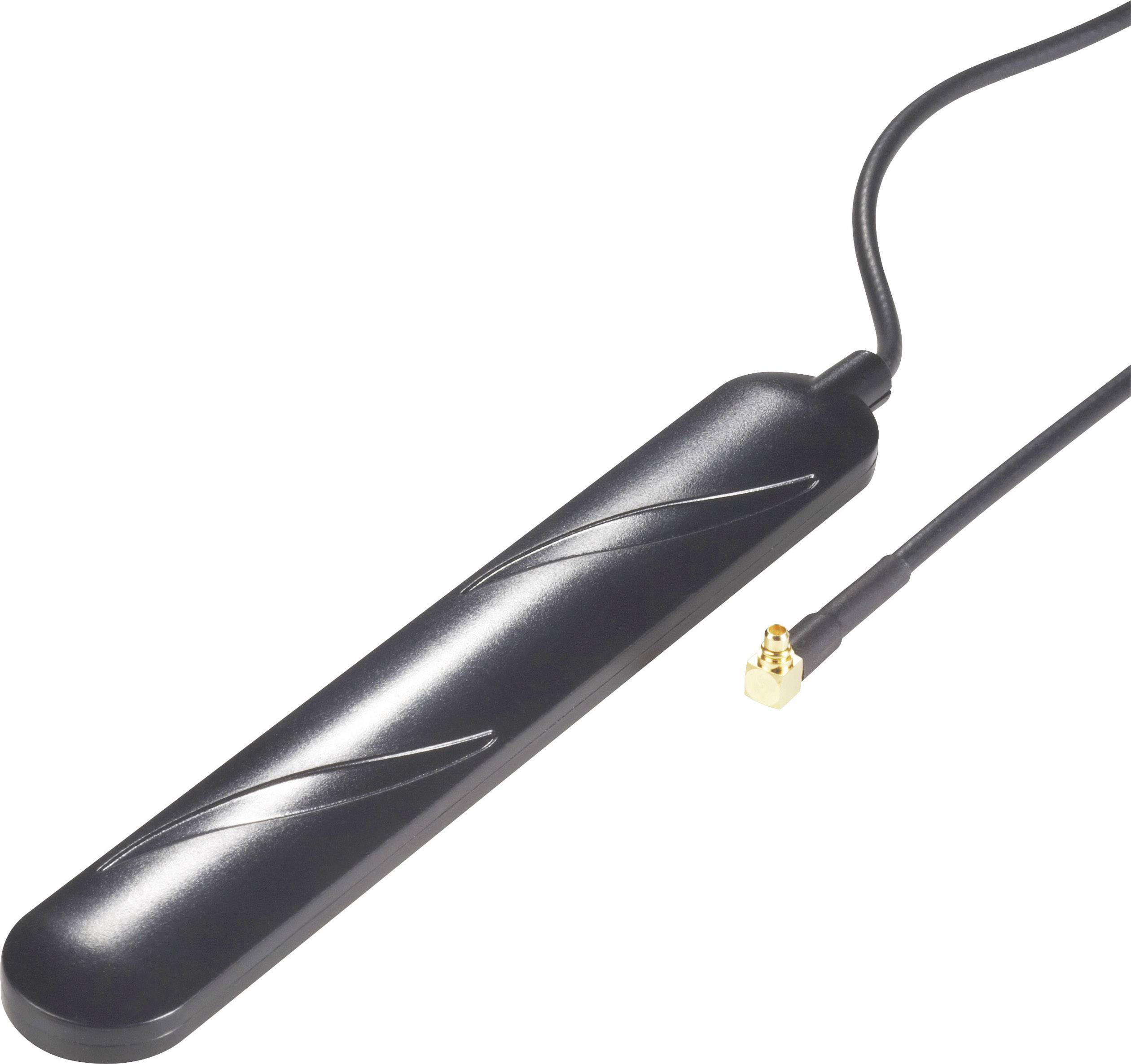 Un'antenna esterna nera con cavo e connettore dorato, utilizzata per amplificare il segnale per dispositivi elettronici.