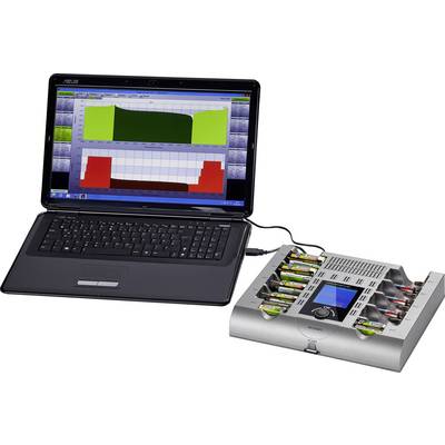 Un laptop mostra i dati grafici di un dispositivo di test per batterie che verifica le prestazioni di più batterie.
