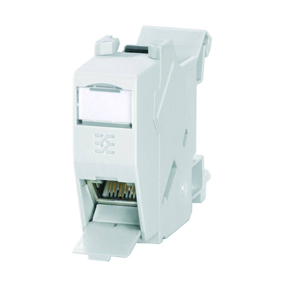 Un modulo di connessione di rete modulare bianco con coperchio aperto e pin di connessione esposti.