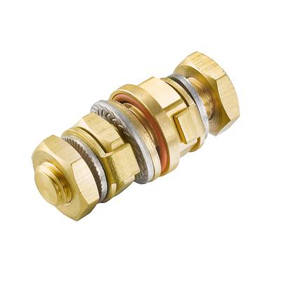 Elemento di giunzione in ottone composto da più dadi esagonali intrecciati, rondelle e guarnizioni. Utilizzato in applicazioni elettriche o meccaniche.