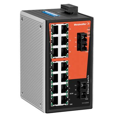 Un interruttore Ethernet industriale Weidmüller con 16 porte, idoneo per connessioni di rete in applicazioni industriali.
