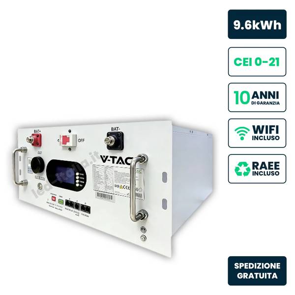 V-TAC Batteria Accumulo Rack LV 9.6kWh LFP 48V 200Ah 100A BMS Bianca CEI 0-21