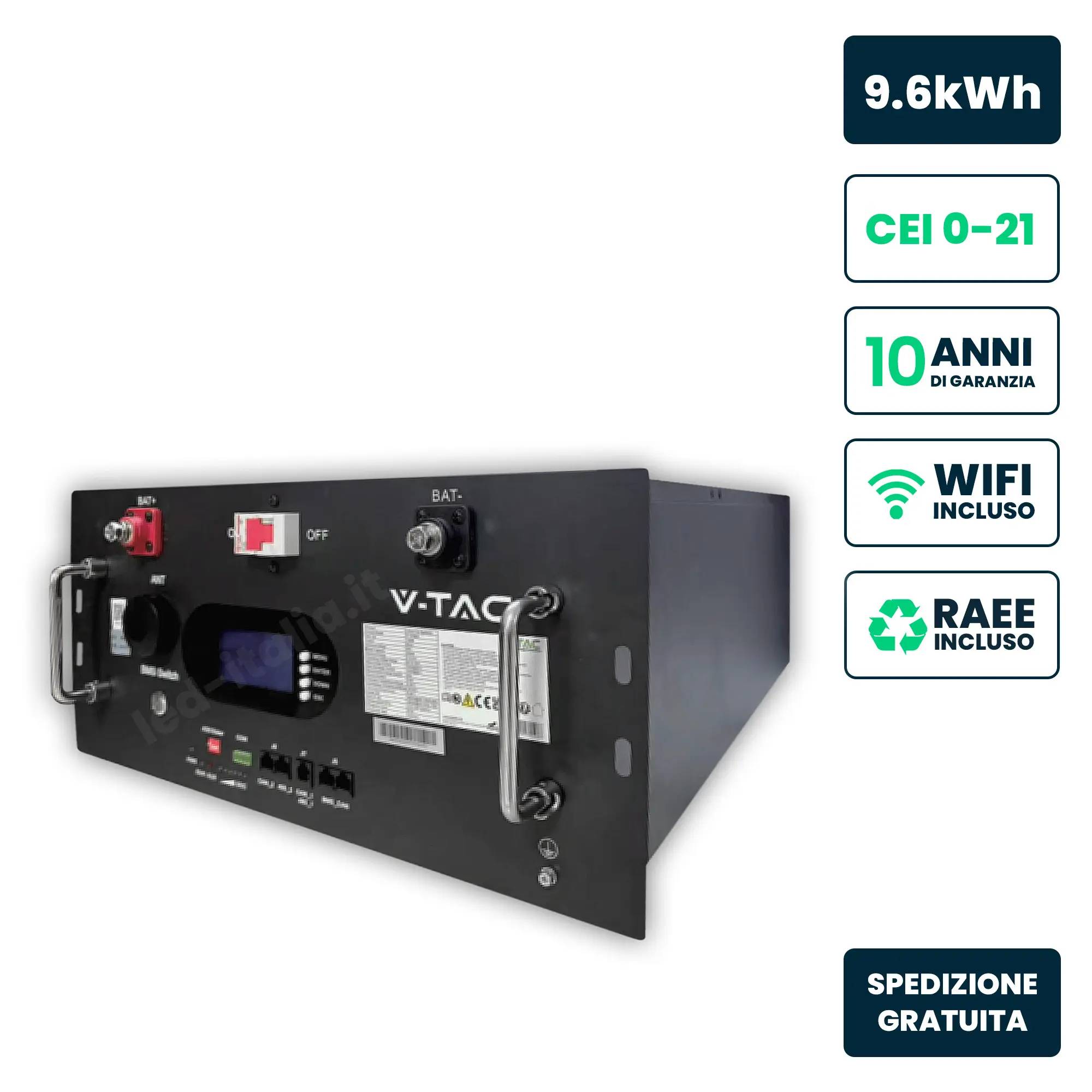 V-TAC Batteria Accumulo Rack LV 9.6kWh LFP 48V 200Ah 100A BMS Nera CEI 0-21-0
