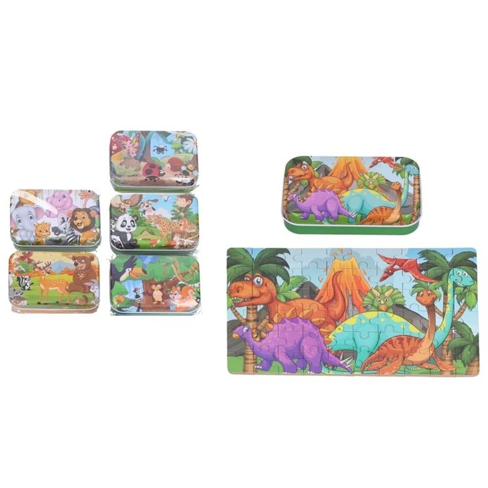 Set 2pz Puzzle Da 60pz In Scatola Latta Multicolore Tema Animali/dinosauri Bambini 53558 --0