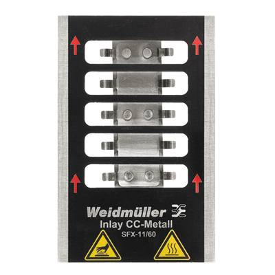 Un inlay rettangolare Weidmüller in metallo CC con la denominazione 'SFX-11/60'. Due simboli di avvertimento gialli e frecce rosse rivolte verso l'alto.