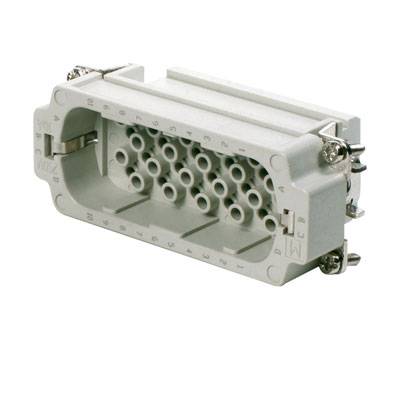 Un connettore rettangolare grigio con 24 fori rotondi per connessioni di cavi. Adatto per applicazioni industriali.